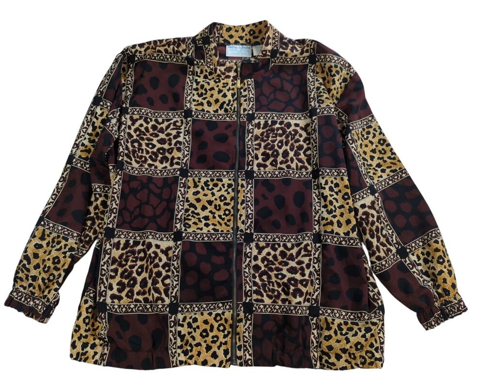 Vintage Delta Burke Shirt L Animal Print Zip Blouse 90s Removable Shoulder Pads